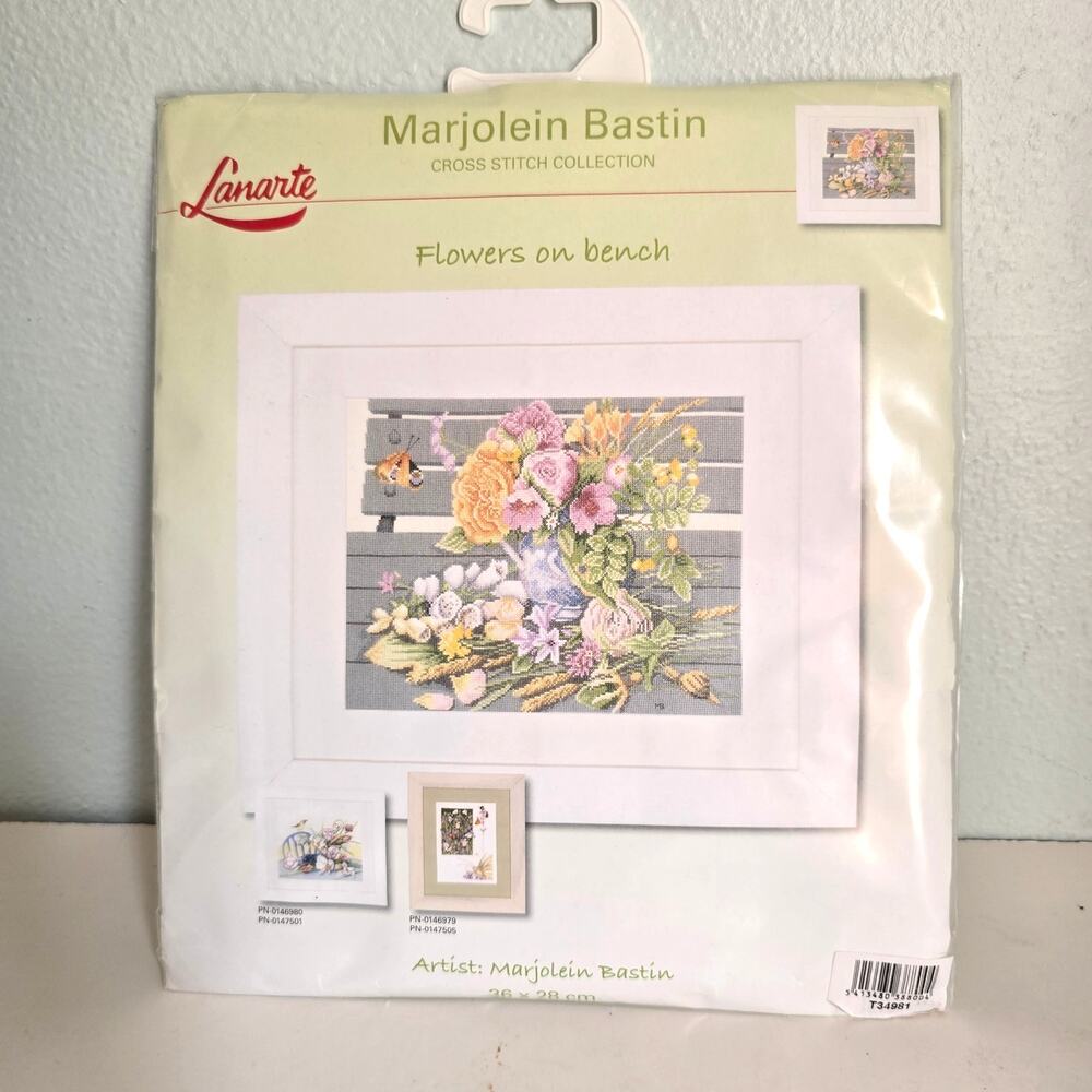 LanArte Marjolein Bastin Flowers on Bench Counted Cross Stitch Kit Cottagecore